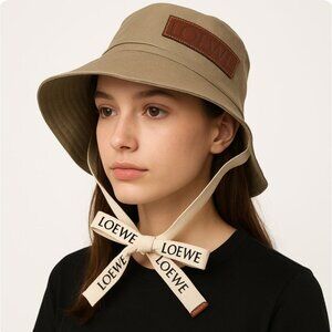 Loewe Fisherman Hat Bucket sand Beige womens Size 57 logo ribbon ties